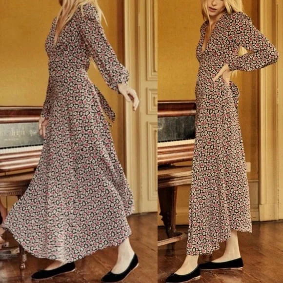 knee length dresses for ladies Doen Long Sleeve Maxi Dress Marron Floral Print Cotton Size Medium –  Celebrity Owned main image 1